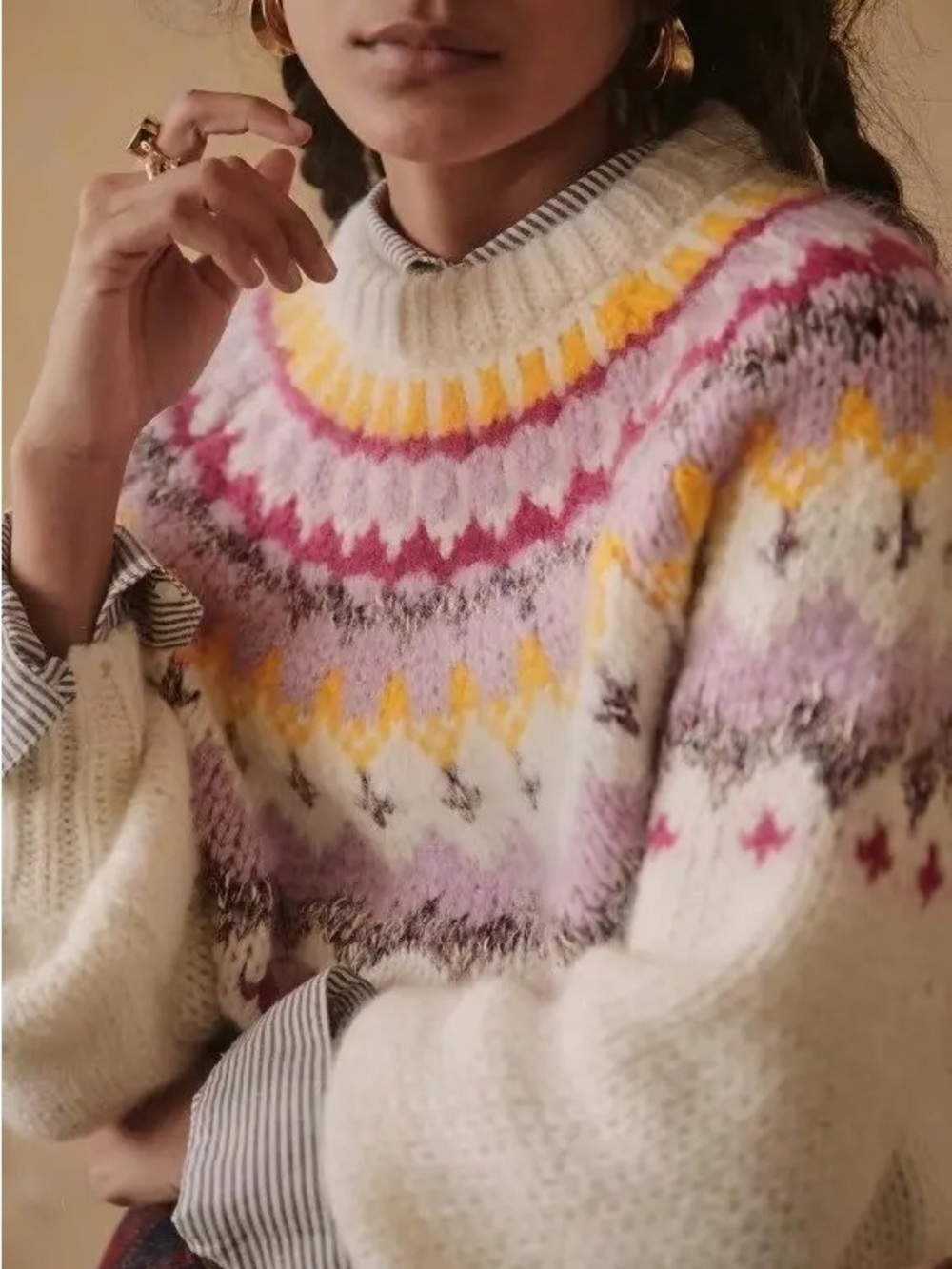 Sezane Constantine Mohair Fair Isle Crewneck Knit Sweater in Ecru Multicolor S - Picture 2 of 13